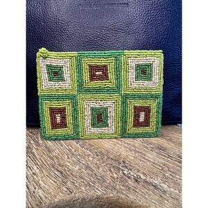 Beaded Green Coin Purse Green Pattern Squares Womens Travel Wallet NEW FAST SHIP